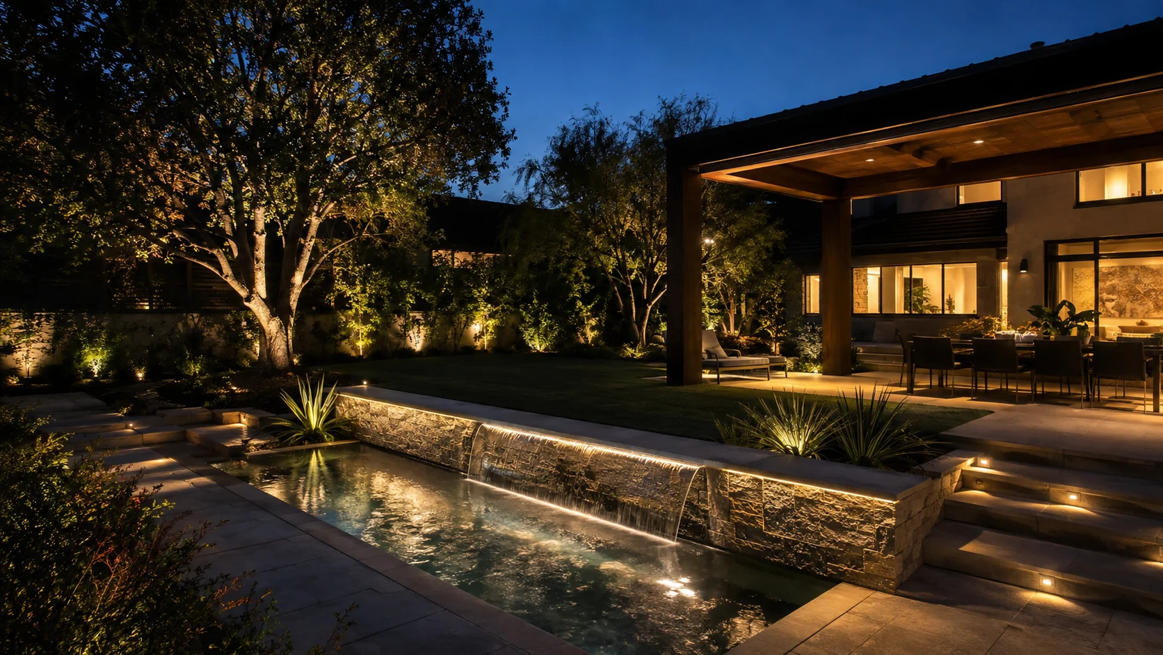 Concept example of a backyard patio with outdoor lighting at night — not an actual ULP project or Sacramento installation