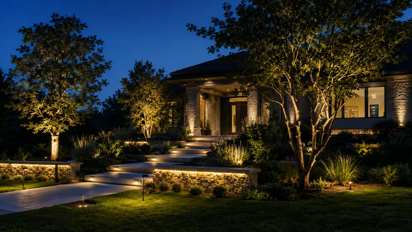 Concept example of a house with outdoor uplighting along the walkway and facade — not an actual ULP project or Sacramento installation