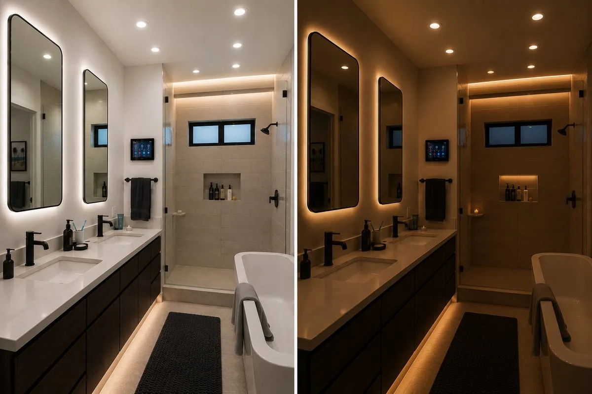 Concept illustration showing a bathroom before and after a smart lighting scene is activated — example only, not an actual completed project