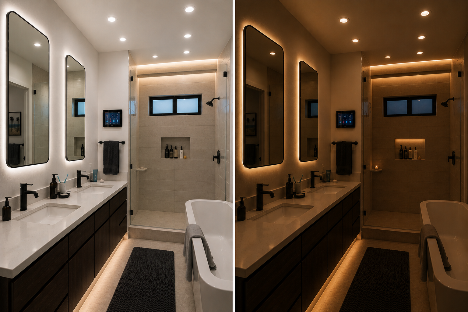 Concept illustration showing a bathroom before and after a smart lighting scene is activated — example only, not an actual completed project